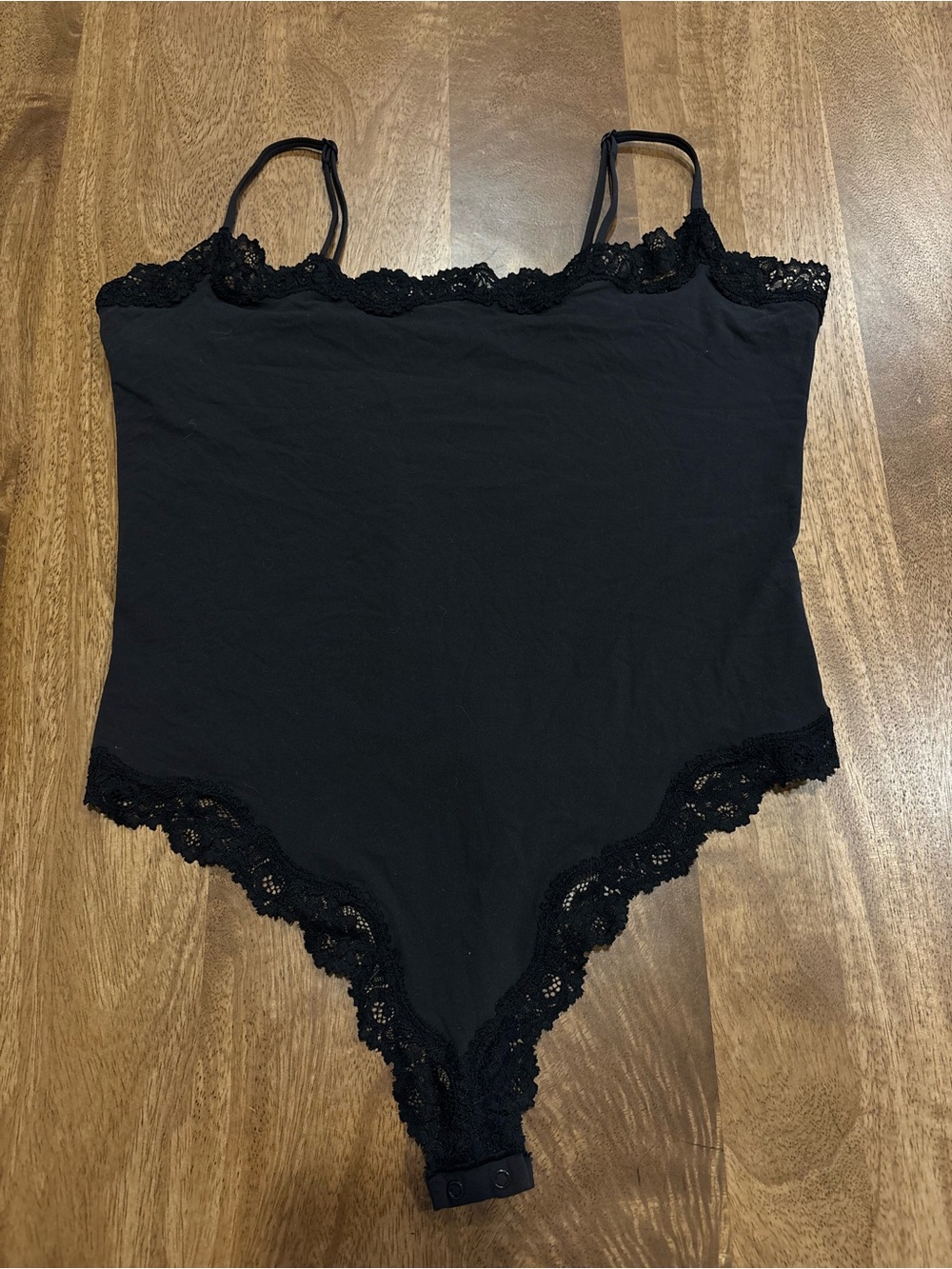 SKIMS Black Lace-Trim Stretch Bodysuit Chemise Slip